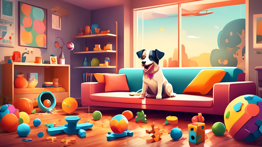 Create an image of a happy and playful dog surrounded by various IQ toys such as puzzle feeders, treat-dispensing balls, and interactive smart devices. The setting is a cozy living room with a cheerfu