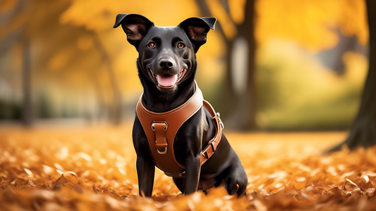 Create a high-resolution image of a happy dog wearing a stylish rolled leather harness in a beautiful park setting. Emphasize the comfort and quality of the harness, showcasing details like the smooth