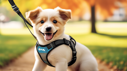 Create an image of a happy dog wearing a stylish, well-fitted Top Paw harness. The backdrop should be a vibrant park setting with other dogs and pet owners. The scene should illustrate easy adjustabil