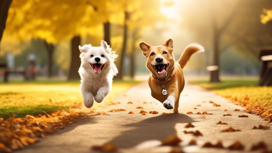 Create an image of a cheerful dog running towards its owner with a joyful expression outdoors, in a beautiful park setting. Show the owner kneeling down with open arms and a training whistle hanging a