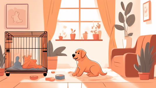 Create an illustration of a cozy, well-lit living room where a puppy is happily exploring its crate. The crate is filled with soft bedding, a few chew toys, and has an open door. Nearby, there is a he