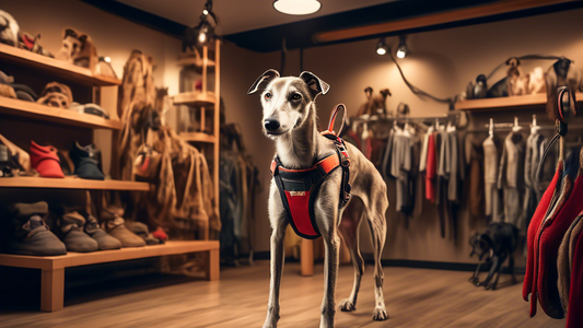 Create a detailed image showing a sleek and energetic Lurcher dog trying on various types of harnesses. The background should depict a cozy pet store with neatly organized shelves containing different