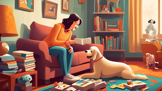 A realistic and humorous illustration of a puzzled dog owner watching their dog playfully hump a stuffed toy in a cozy living room, with a stack of dog behavior books in the background.