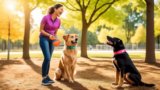 A vibrant outdoor scene featuring a cheerful dog and a trainer engaging in a training session. The trainer, equipped with treats and toys, demonstrates positive reinforcement techniques such as sit, s