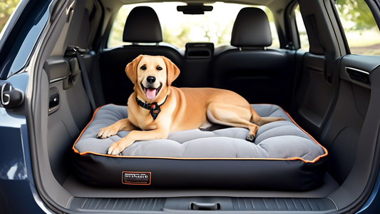 Create an image of a joyful dog securely resting in a specially designed car dog bed with an integrated harness. The car interior is modern and clean, with the dog bed positioned safely in the back se