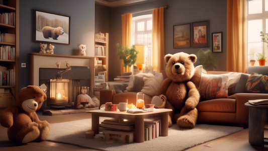 Portray a high-resolution image of a cozy living room with a cute, medium-sized Kong Teddy Bear as the focal point. The bear should look extremely soft and cuddly, with friendly features. Surround the