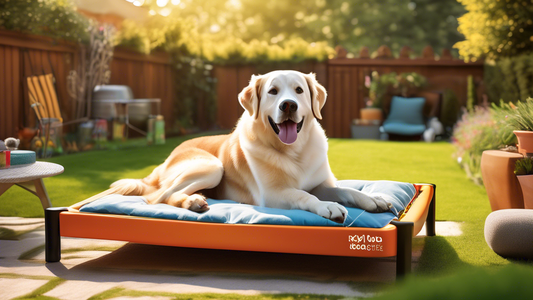 Create an image of a happy large dog lying comfortably on an XL dog cot in a cozy, sunlit backyard. Surround the dog with playful accessories like a chew toy, a ball, and a water bowl, highlighting th