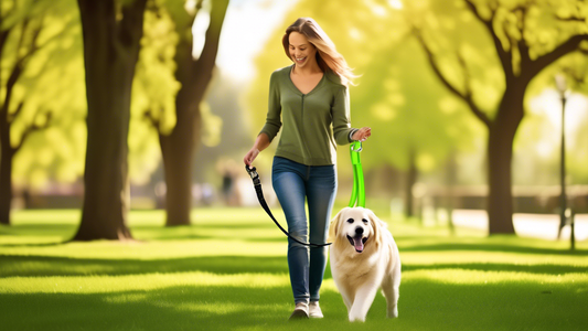 Create an image of a happy dog in a picturesque park, walking with its owner who is holding a retractable dog leash. Showcase the dog's freedom to explore with some distance from the owner, highlighti