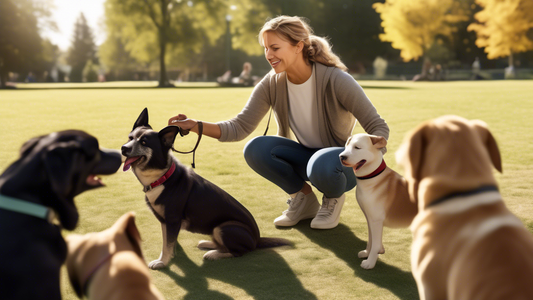 Create an image depicting a professional dog trainer working with a group of dogs in a peaceful, outdoor community park setting. One of the dogs, which appears more aggressive, is being gently guided