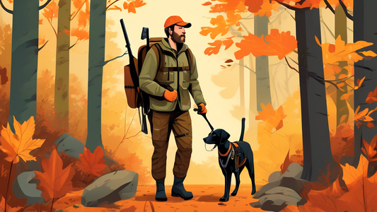 A detailed illustration of a hunter with a well-equipped hunting dog in a forest setting. The dog is wearing essential gear such as a GPS collar, protective vest, and thermal booties. The hunter is ca
