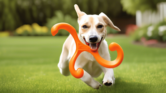 Create an image of a happy, playful dog energetically chewing on a Nylabone Wishbone in a well-kept backyard. The dog's tail is wagging, and the Wishbone is prominently featured, showcasing its unique