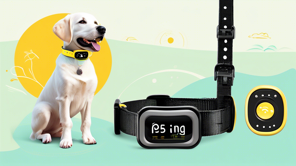 Create a detailed illustration of the Patpet P650 Dog Training Collar, featuring a close-up of the collar with its control buttons and a happy dog in the background wearing the collar. The setting sho