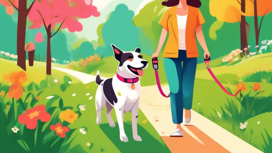 A cheerful dog owner walking a well-behaved dog using a stylish, comfortable no-pull dog collar in a scenic park. The dog looks happy and relaxed, and the environment is bright and vibrant with green