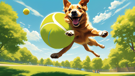 Create an image of a happy dog playing with an oversized tennis ball in a vibrant, sunlit park. The dog is mid-jump, reaching for the gigantic ball, while lush green trees and a clear blue sky set a p