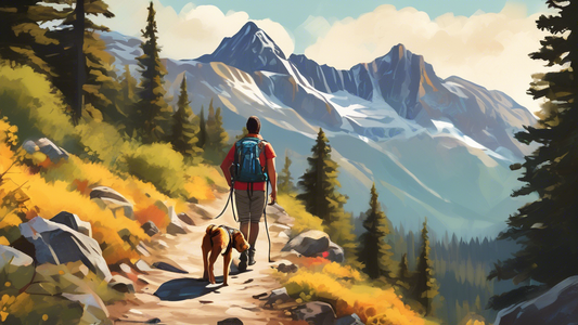 Create an image capturing a vibrant outdoor mountain scene with a hiker and their dog on a trail. The dog, wearing a harness, is leashed with a sturdy, durable leash specifically designed for rugged t