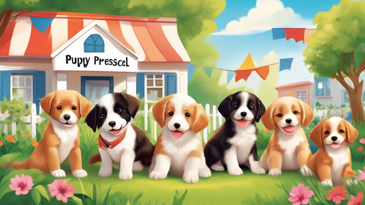 Create a heartwarming scene of a vibrant, outdoor puppy preschool. Several adorable puppies of different breeds are engaging in playful activities with attentive trainers supervising. The background f