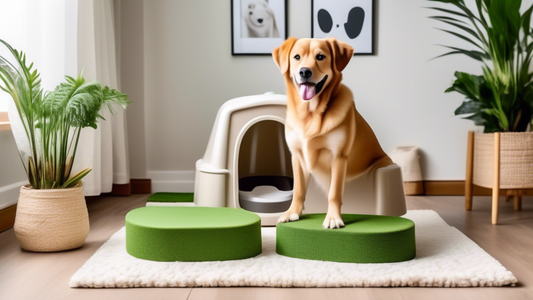 Create an image of a cheerful dog standing next to a variety of stylish and functional potty boxes, displayed in a cozy, well-decorated living room. Each potty box is distinct in design, featuring opt