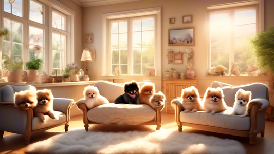 Create an image of a cozy living room with soft sunlight streaming through the windows. Display various adorable teacup puppies of different breeds, including Pomeranians, Chihuahuas, and Yorkies, pla