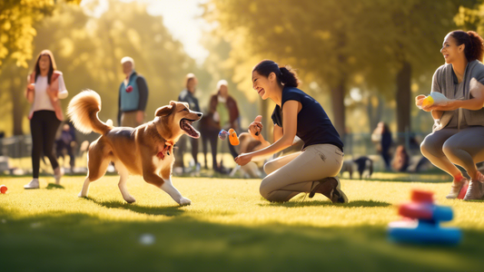 A warm, sunlit park setting where a joyful dog of mixed breed attentively follows the commands of a smiling human trainer. The trainer is holding a clicker and treats, while the dog performs various t