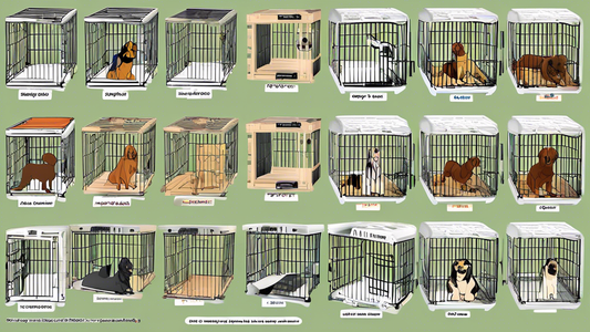 Prompt for DALL-E: A detailed illustration showing various types of heavy duty dog crates suitable for different breeds of dogs. The image includes crates made from strong materials, with features lik