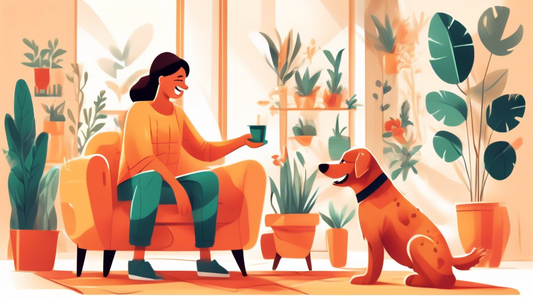 Create an image of a cheerful person in a bright, cozy living room teaching their happy dog some simple tricks like sitting, shaking hands, and fetching a ball. The room is filled with natural light a