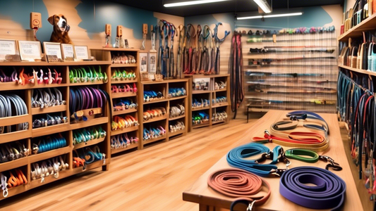 Create an image of different types of dog training leashes displayed on a table, with each leash labeled with its specific use (e.g., standard leash, retractable leash, long line, slip lead, martingal