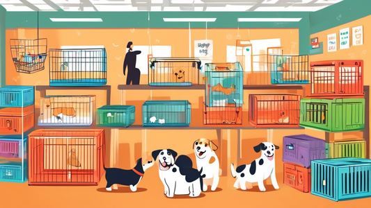 Illustration of a variety of portable dog crates in a pet store, showcasing different sizes, materials, and designs. The setting includes happy dogs and their owners selecting crates, with some crates
