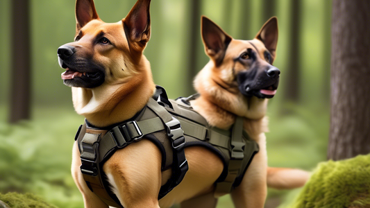 Create a detailed image of a medium-sized dog wearing a high-quality tactical dog harness. The harness should be equipped with various compartments and straps, showcasing its durability and practicali