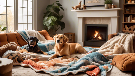 A cozy living room scene featuring a variety of dog blankets in different colors and materials. Various dog breeds, such as a Golden Retriever, a Dachshund, and a French Bulldog, are lounging on or ne