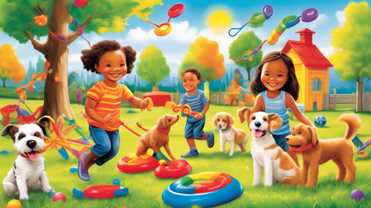 Create an image of a bright, cheerful outdoor scene featuring children and dogs energetically playing with a variety of colorful, sturdy toys. Highlight toys like frisbees, tug-of-war ropes, bounce ba