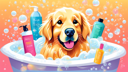 A fluffy Golden Retriever enjoys a luxurious bath with Biosilk Dog Shampoo, surrounded by sudsy bubbles and a vibrant bathroom filled with grooming products. The dog's fur looks incredibly shiny and s