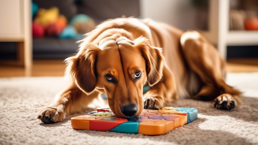 A happy dog eagerly interacting with an Outward Hound puzzle toy, its fur slightly ruffled as it uses its paws and nose to explore the intricate puzzle. The background is a cozy living room with soft