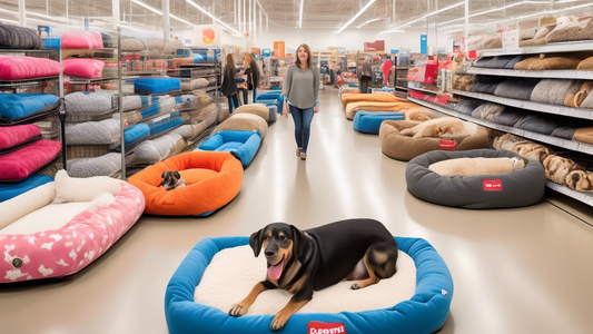 A cozy, well-lit PetSmart store aisle filled with a variety of dog beds in different colors, shapes, and sizes. A happy dog, accompanied by its smiling owner, is testing out a luxurious, soft bed. A f