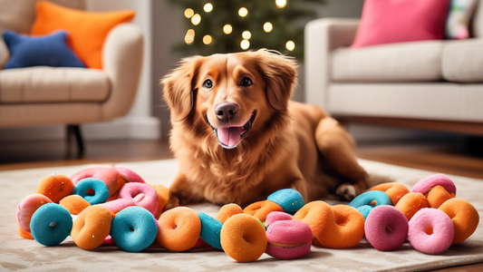 Create an image of a cheerful dog playing with vibrant, donut-shaped toys in a cozy, living room setting. The toys resemble classic Dunkin' donuts, complete with colorful sprinkles, icing, and a playf