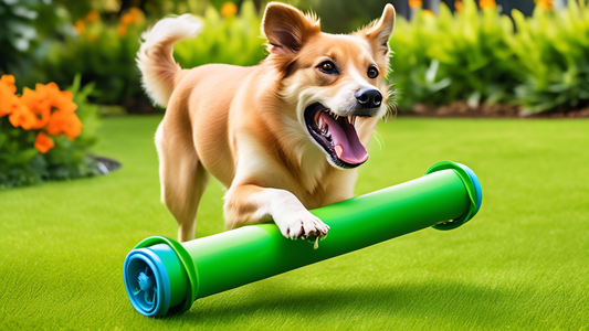 Create an image of a happy dog playing with a JW Pet Hol-ee Roller in a lush green backyard. The dog is actively engaged and seems joyful, showcasing the flexibility and unique design of the Hol-ee Ro