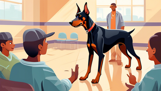 A detailed illustration of a friendly Doberman involved in a structured training class. The scene shows the dog learning commands from a professional trainer in a well-equipped training facility. Othe