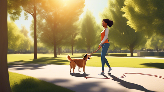 Create an image of a person training a dog using a long line leash in a sunny, open park. The dog is attentively following commands from the trainer, who is demonstrating the 'sit' command. Both the p