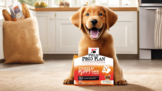 Create an image of a joyful large breed puppy sitting in front of a bag of Purina Pro Plan Large Breed Puppy Food. The bag displays vibrant, detailed graphics of the product, highlighting nutritious i