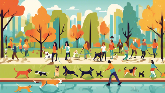 Create an eye-catching illustration of a lively dog park populated with a variety of happy dogs on extra long retractable leashes. Show owners comfortably managing the leashes, with some dogs running