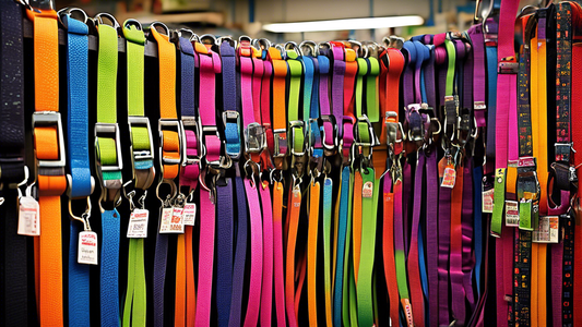 Create an image of a bustling pet store stockroom filled with colorful, high-quality dog leashes hanging in neat rows and packaged in boxes. The dog leashes come in various styles and sizes, with tags