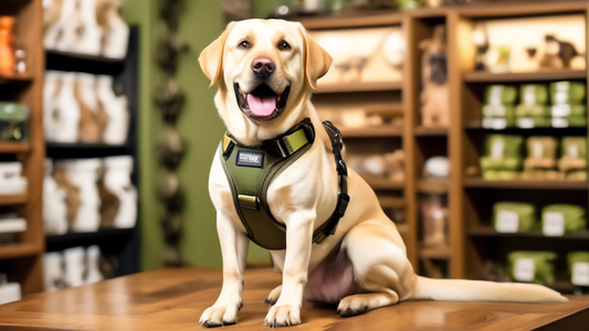 An image of a stylish olive green dog harness displayed on a sleek, polished wooden table with a happy Labrador retriever wearing a similar harness standing next to it. The background features a well-