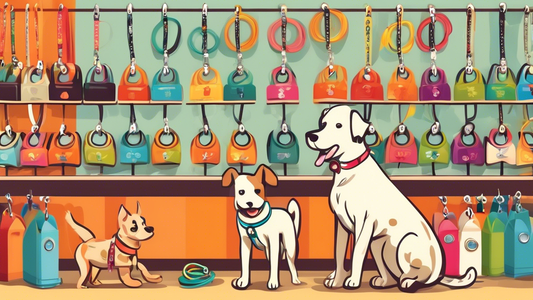 Create an image of a cheerful pet store with vibrant displays of affordable bulk dog leashes in various colors and styles. Show pet owners happily selecting leashes for their dogs, with some dogs pres