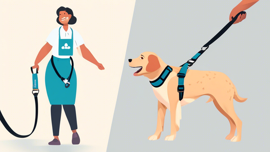 An informative illustration showcasing a gentle, supportive full body lifting harness for dogs. The harness is being used on a happy, medium-sized dog with a friendly expression. The image highlights