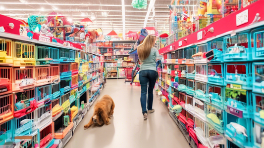 A bright, well-lit pet store aisle filled with different types of Kong dog crates in various sizes and colors. A happy and playful dog is sniffing around, while a pet owner thoughtfully examines a dur