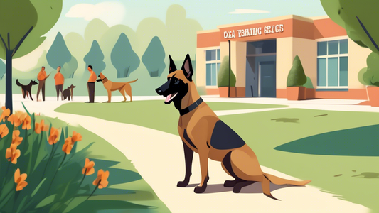 A detailed illustration of a Belgian Malinois attentively following commands from a professional dog trainer in a serene, well-equipped local training center. The background features a welcoming sign