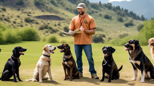 Create an image of a professional dog trainer instructing a group of well-behaved dogs of different breeds in a scenic outdoor setting, with a backdrop of mountainous ridges. The dogs are demonstratin