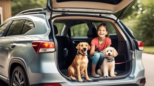 Create an image of a cheerful family preparing to go on a car trip with their dog. The family is safely securing the dog in the backseat with a car leash. The dog is happily sitting, wearing a harness