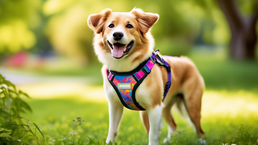 Create an image of a happy dog wearing a colorful and well-fitted Lupine harness while standing in a lush, green park. Surround the dog with a variety of harnesses in different sizes and styles, showc