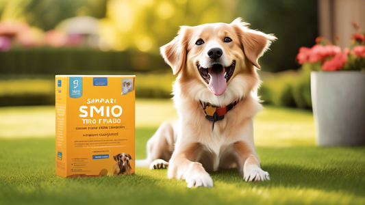 Create an image of a happy, healthy dog playing in a sunny backyard, with a box of Simparica Trio prominently displayed. The packaging should clearly show it is a one-month supply, highlighting benefi