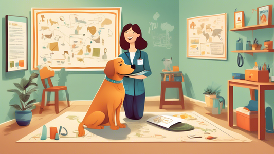 Create an illustration of a friendly, certified dog behaviorist interacting with a happy dog in a cozy, well-decorated consultation room. Include elements like certificates on the wall, training tools